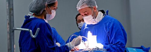 Uma médica e um médico realizam um transplante